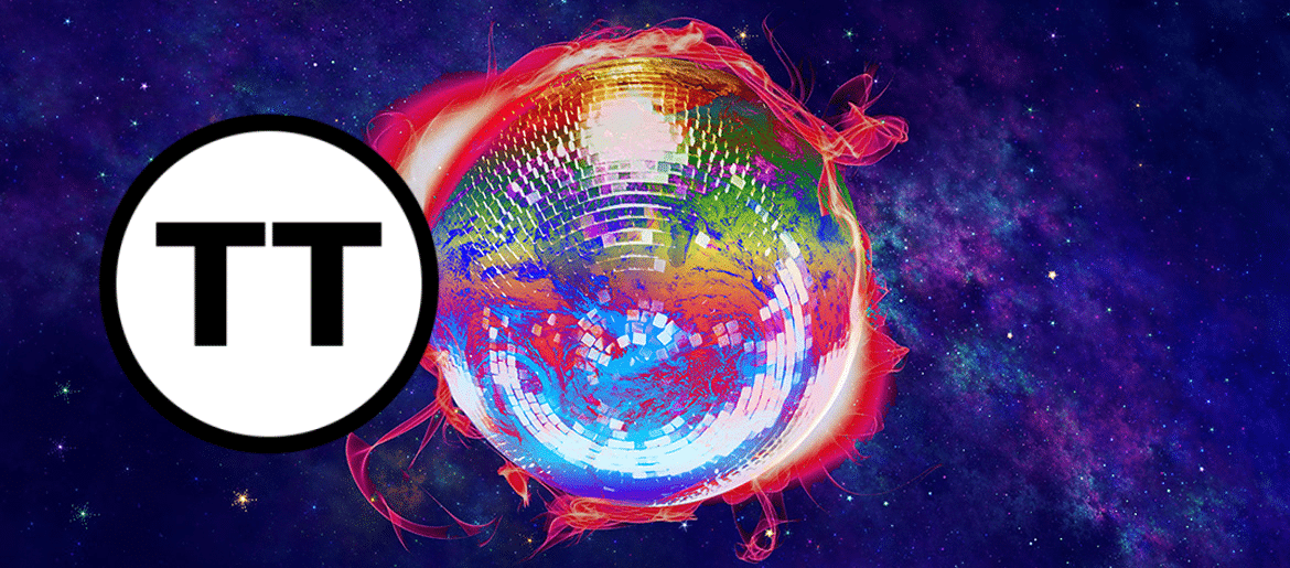 Touch tour symbol. A disco ball engulfed in fire displays a heatmap of continents on its globe, floating on a blue purple star scattered background